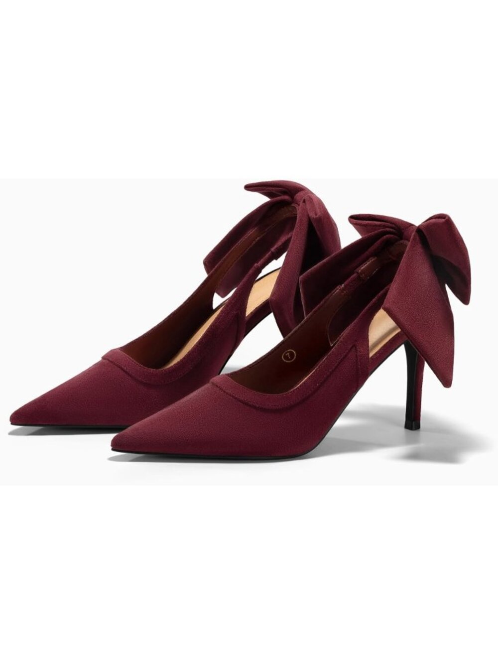 Women Suede Wine Red Slingback Bow Closed Pointed Toe Lace Patchwork High Heels - Picture 6 of 6
